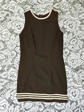 Vintage Classic Black Sheath Dress with White Stripe Hem